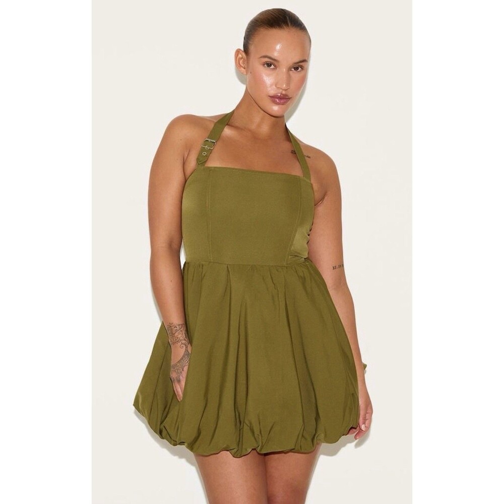 NWT Pretty Little Thing Plus Puffball Mini Dress Size 16. Brand New. Olive
